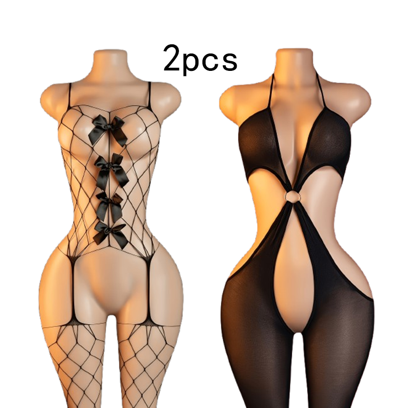 Lingerie - 2-teiliges Set – Sexy, ausgeschnittener Netz-Bodysuit;
