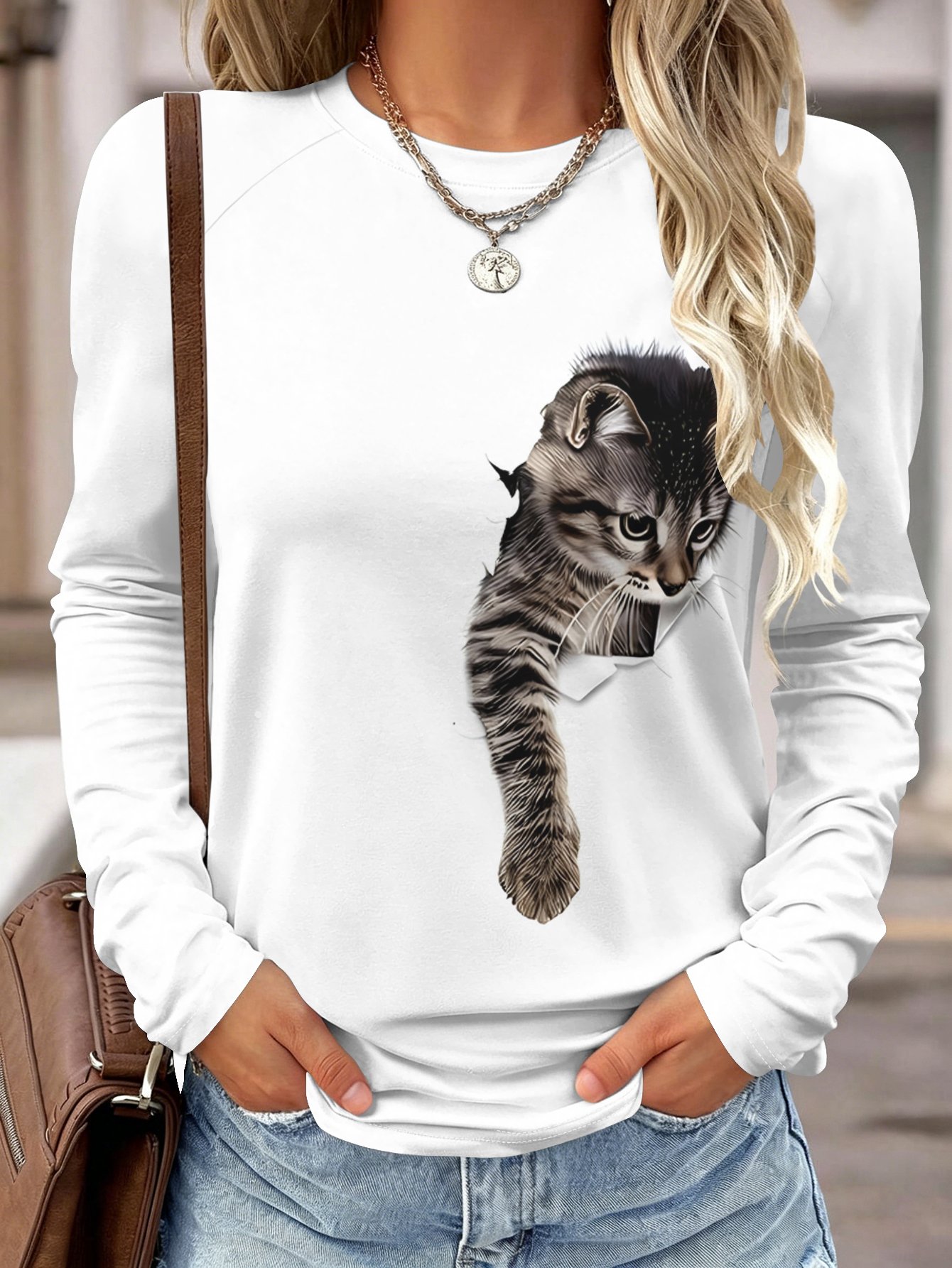 Blouses - Damen Langarmshirt mit Tasche, Katzen-3D-Effekt-Druck, Rundhalsausschnitt,