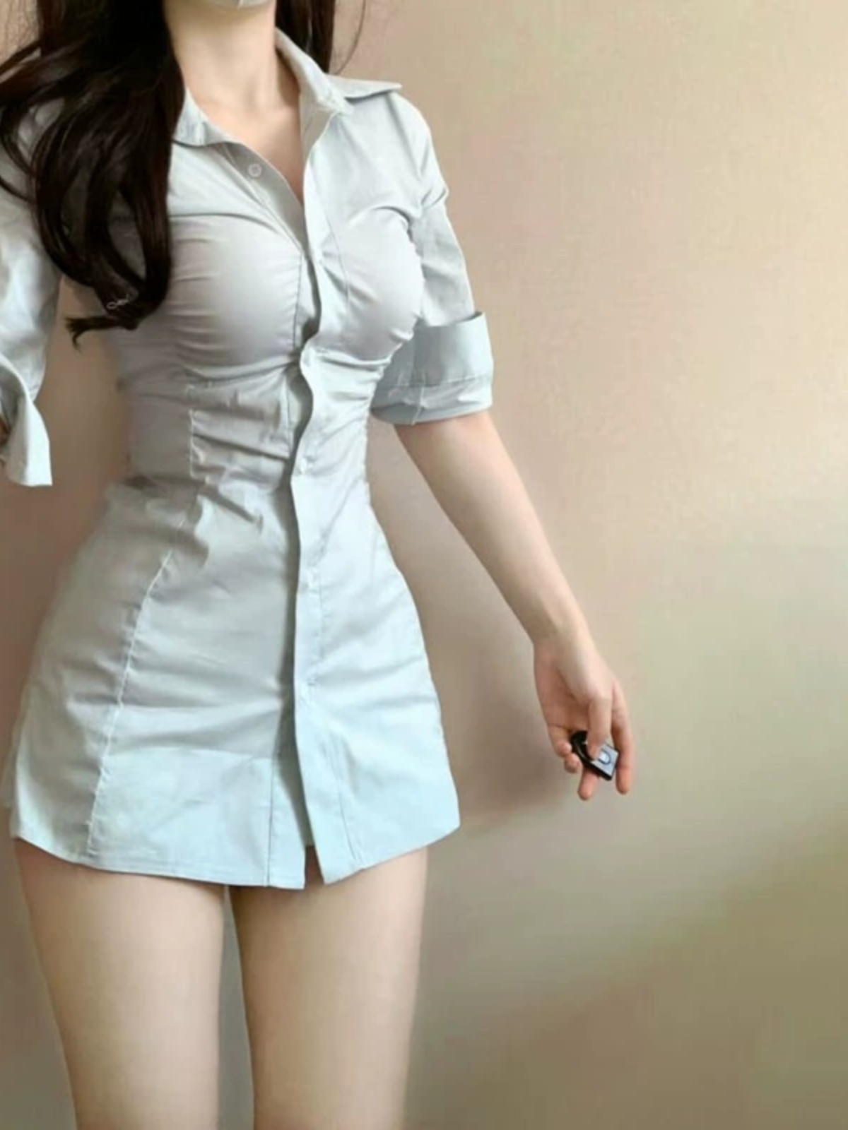 Korean Style A Line Shirt Dress - Sexy Plissiertes Tailliertes Hemdkleid im Koreanischen